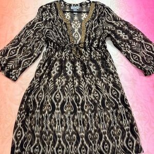 Bali Elegant Black and Gold Patterned Long Sleeve Dress